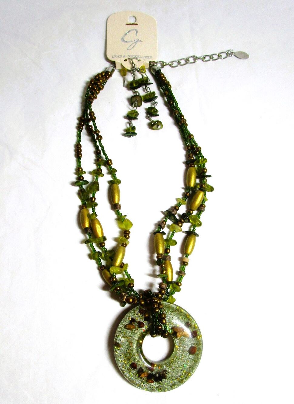 Emerald & Gold Beaded Jewelry Set Pendant Multi-Strand 14" Necklace + Earrings